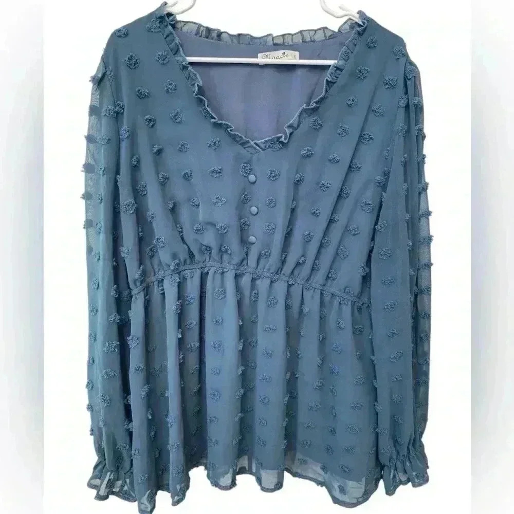 Maacie Babydoll Maternity Top Womens 2XL Sheer Long Sleeve Swiss Dots Large Blue